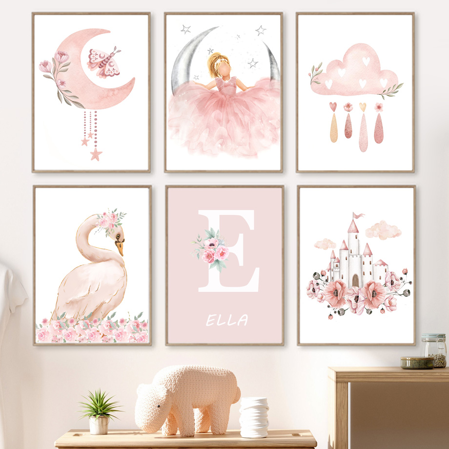 Baby Nursery Prints - Розовый Ангел Девушка Солнце Луна Облако