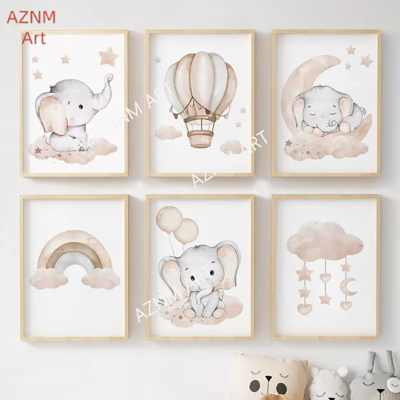 Baby Nursery Artwork - Постеры с изображением слона, воздушного шара,