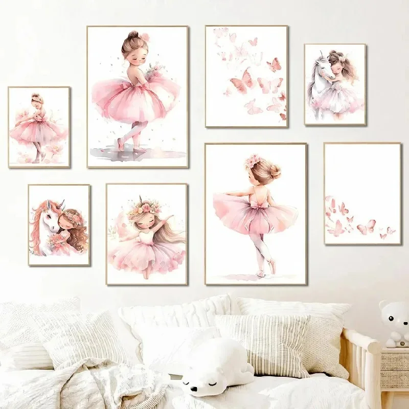 Baby Nursery Prints - Розовый постер с балериной, единорогом и