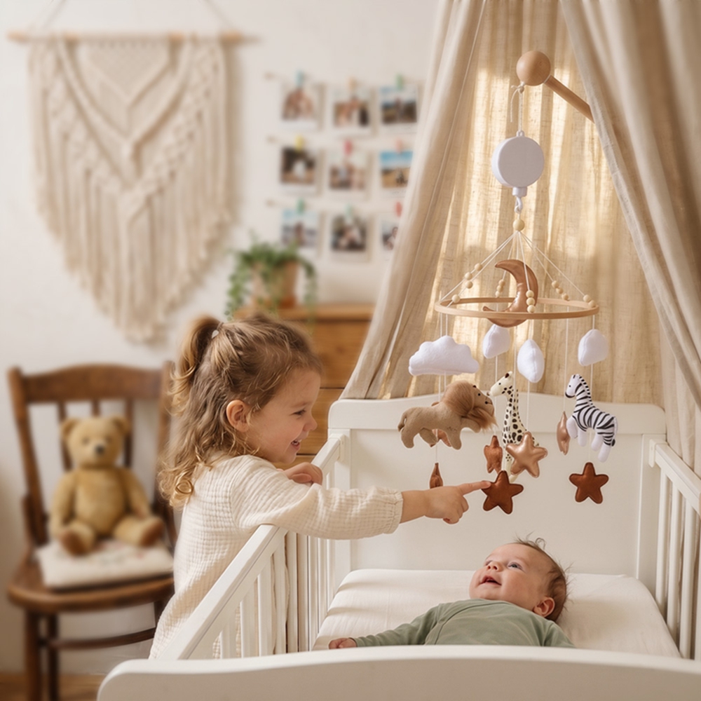 Baby Nursery Artwork - Деревянный мобиль на кроватку с музыкальной
