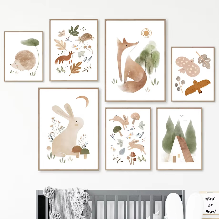 Baby Nursery Animal Pictures - Бохо Кролик Лиса Ежик Птица Лист
