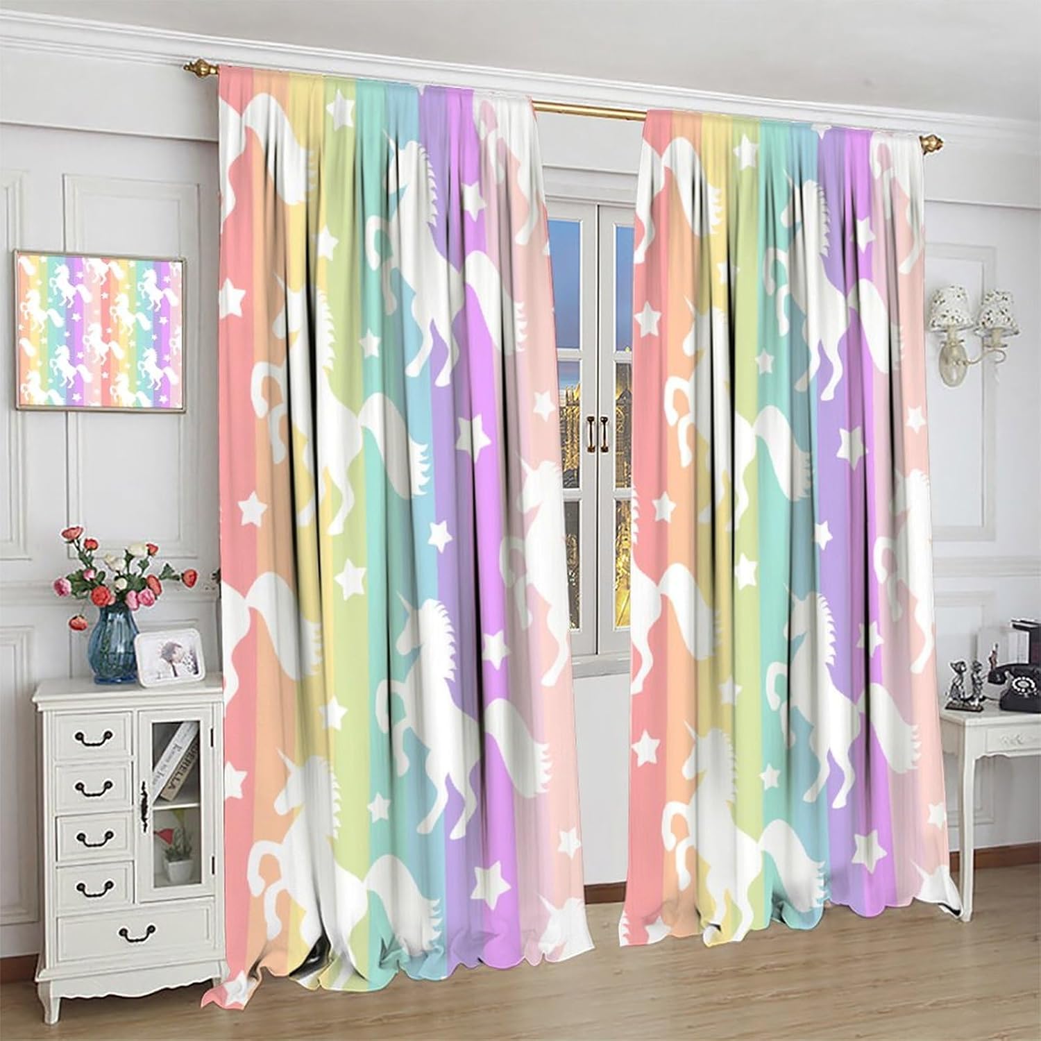 Blackout Curtain Nursery - Радужные плотные шторы с единорогом в