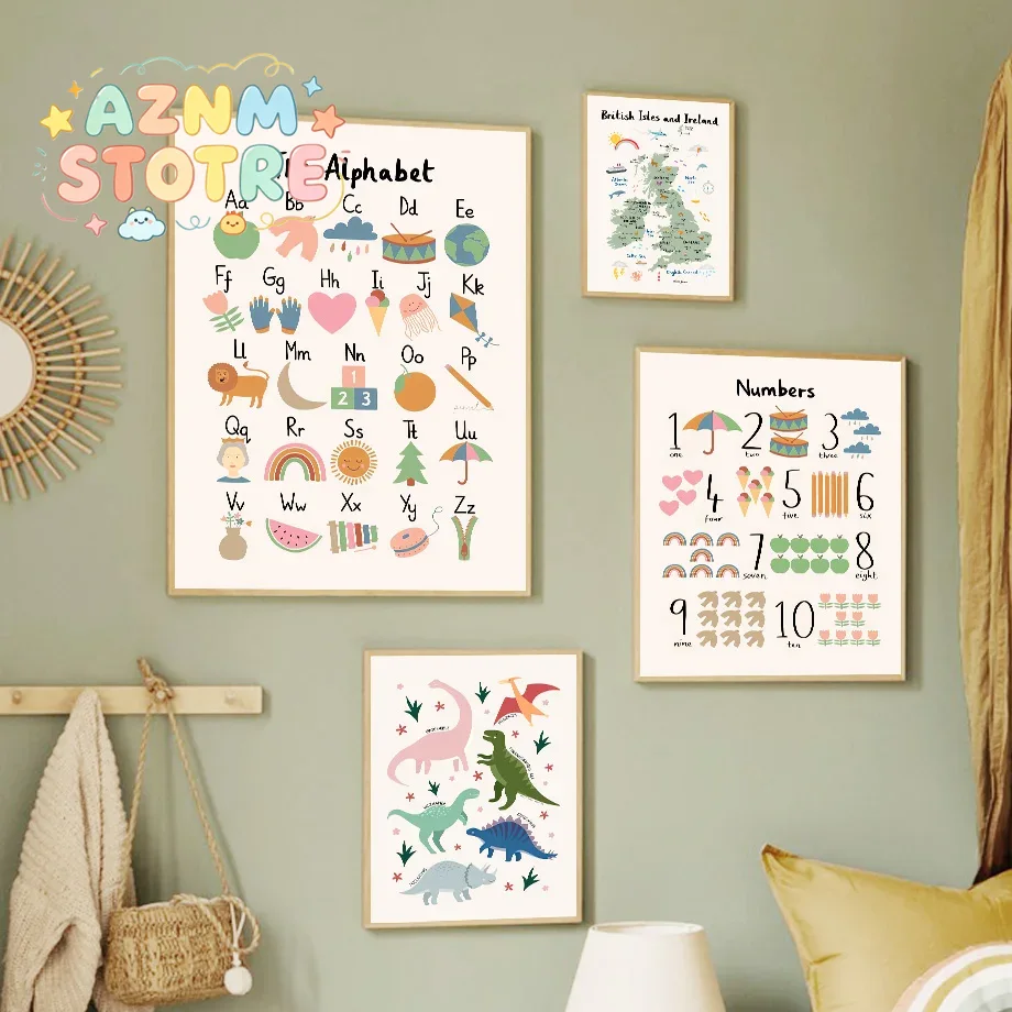 Baby Nursery Prints - Карта мира животных, динозавры, алфавит, цифры,