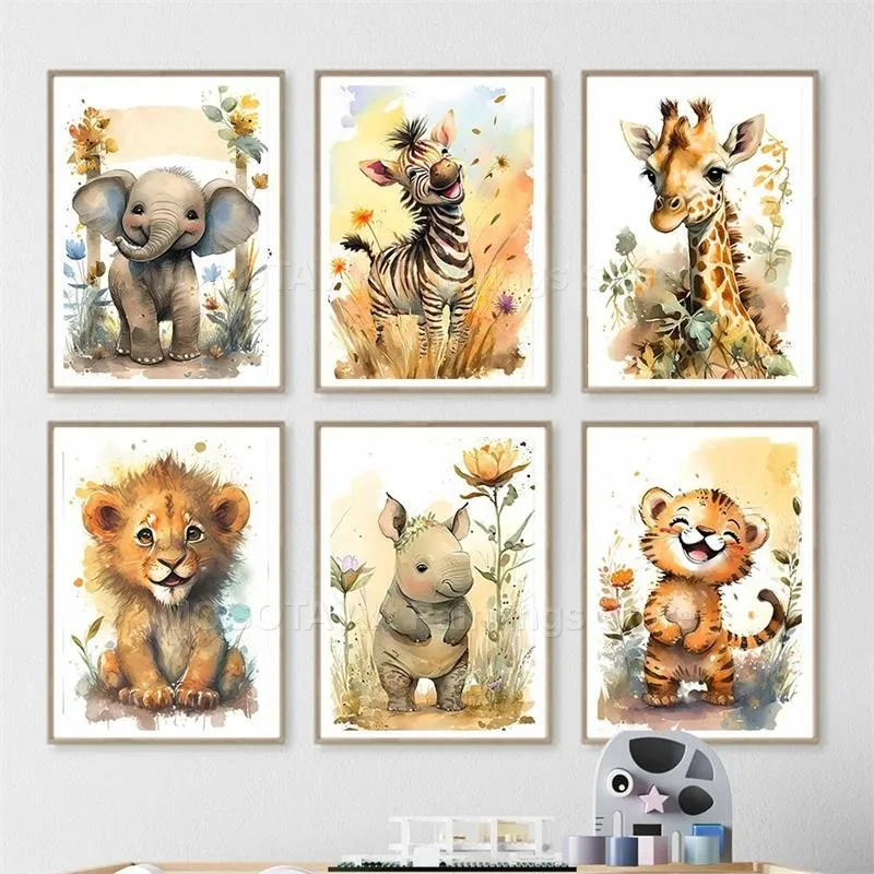 Акварель Лев Жираф Тигр Слон З – обзор и цена Baby Nursery Animal Pictures